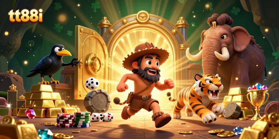 Play at tt88i's vibrant online casino, featuring dynamic gaming scenes filled with treasures.