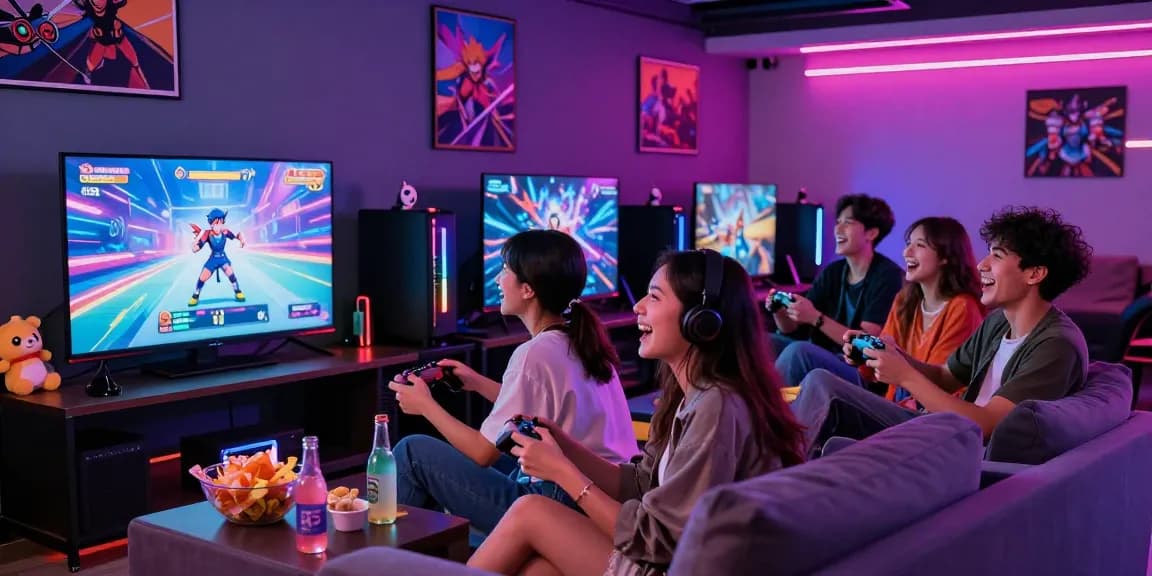 Group of friends enjoying an ecchi game in a vibrant gaming lounge.