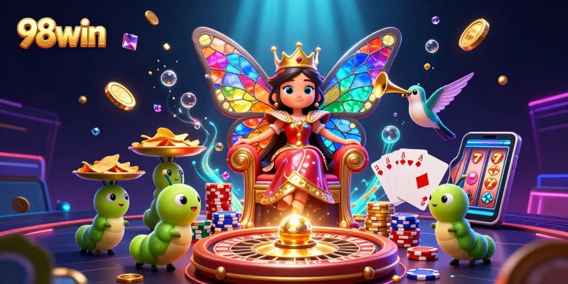 Engage in thrilling gameplay with 98win's vibrant casino atmosphere featuring dazzling characters and rich game elements.