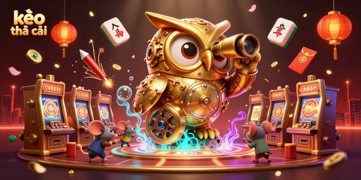 Engage with kèo nhà cái through vibrant 3D casino illustration showcasing an owl and casino elements.