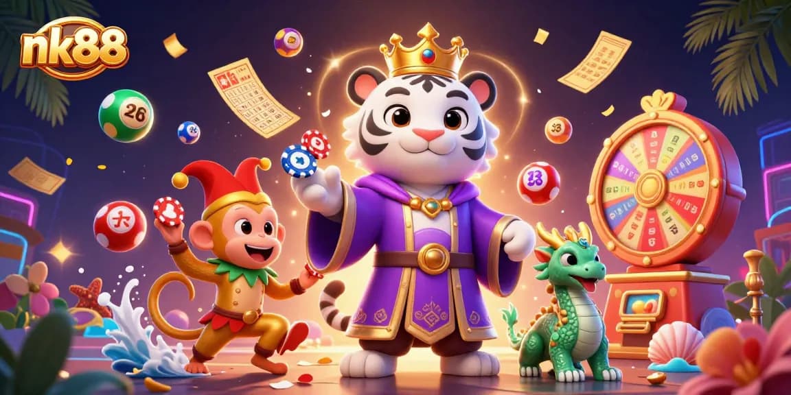 Experience the thrill of nk88 with a vibrant 3D illustration showcasing a tiger, monkey, and lively game elements.