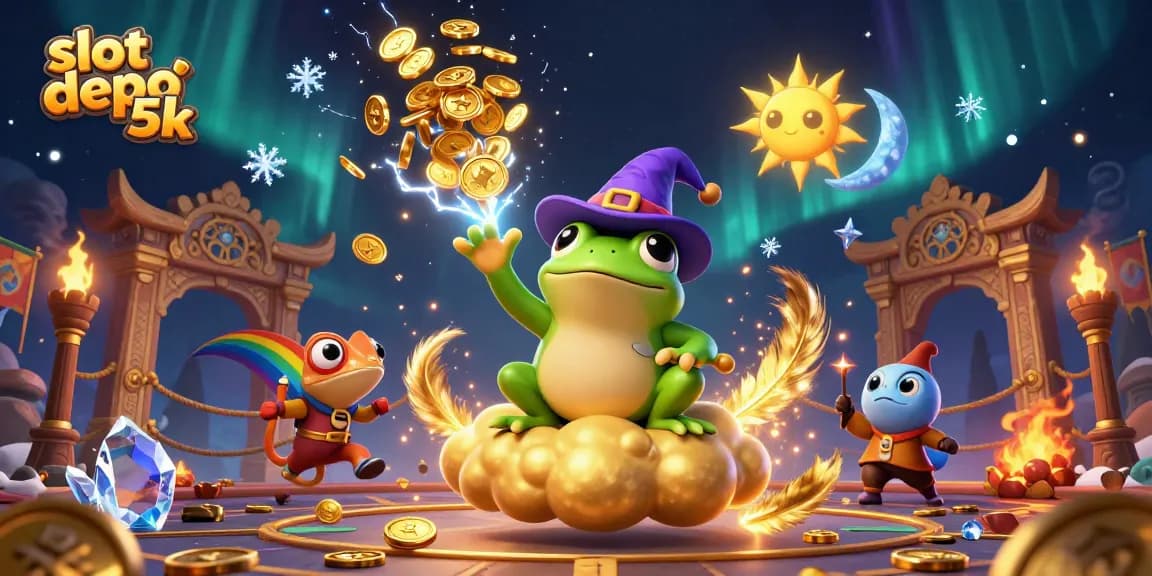 Experience thrilling slot depo 5k adventures amidst a dynamic scene of gold coins and magical characters.