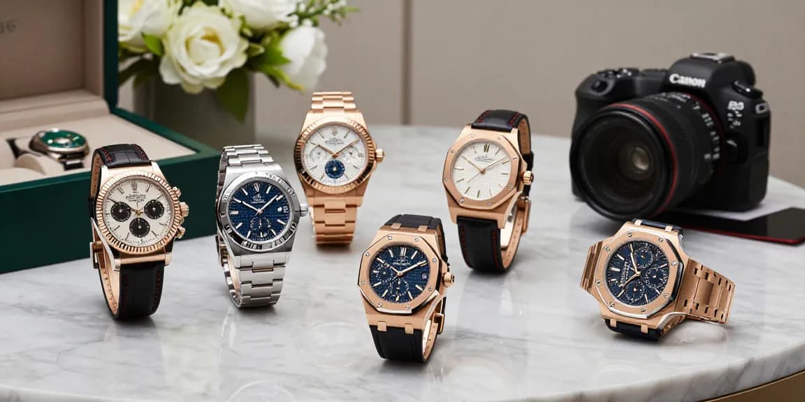 Showcase of super clone watches highlighting luxury replicas on a marble countertop.