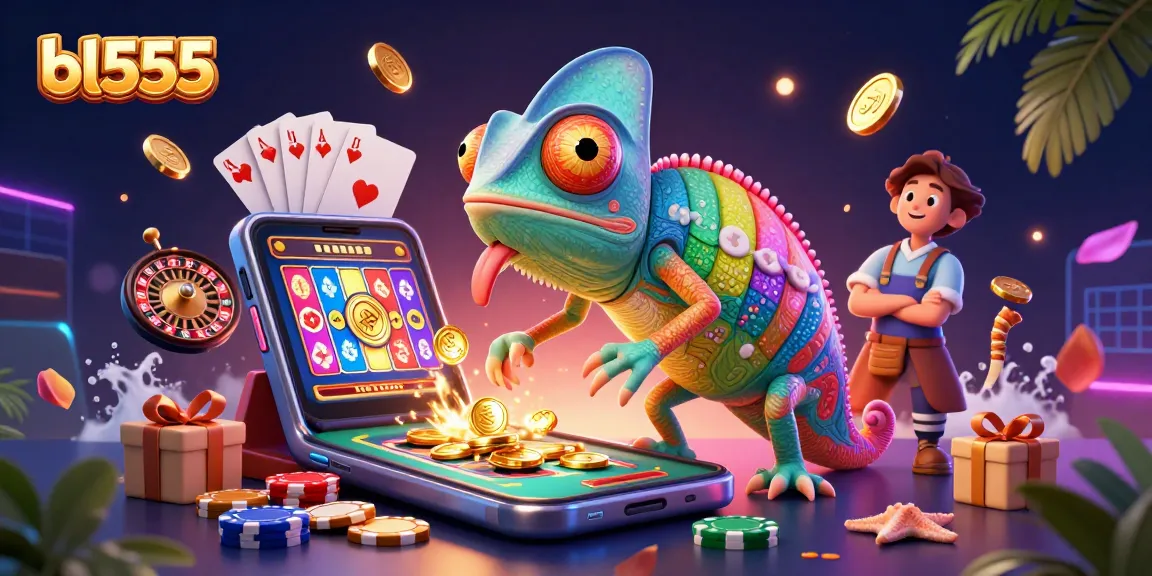 Engage with bl555's lively casino universe featuring an enormous chameleon owner capturing golden coins.