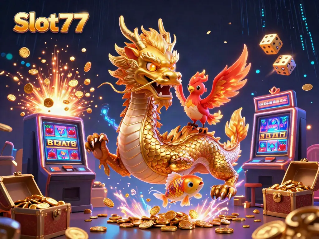 Spin the exciting Slot777 reels with a dynamic casino scene featuring vibrant creatures and jackpot symbols.