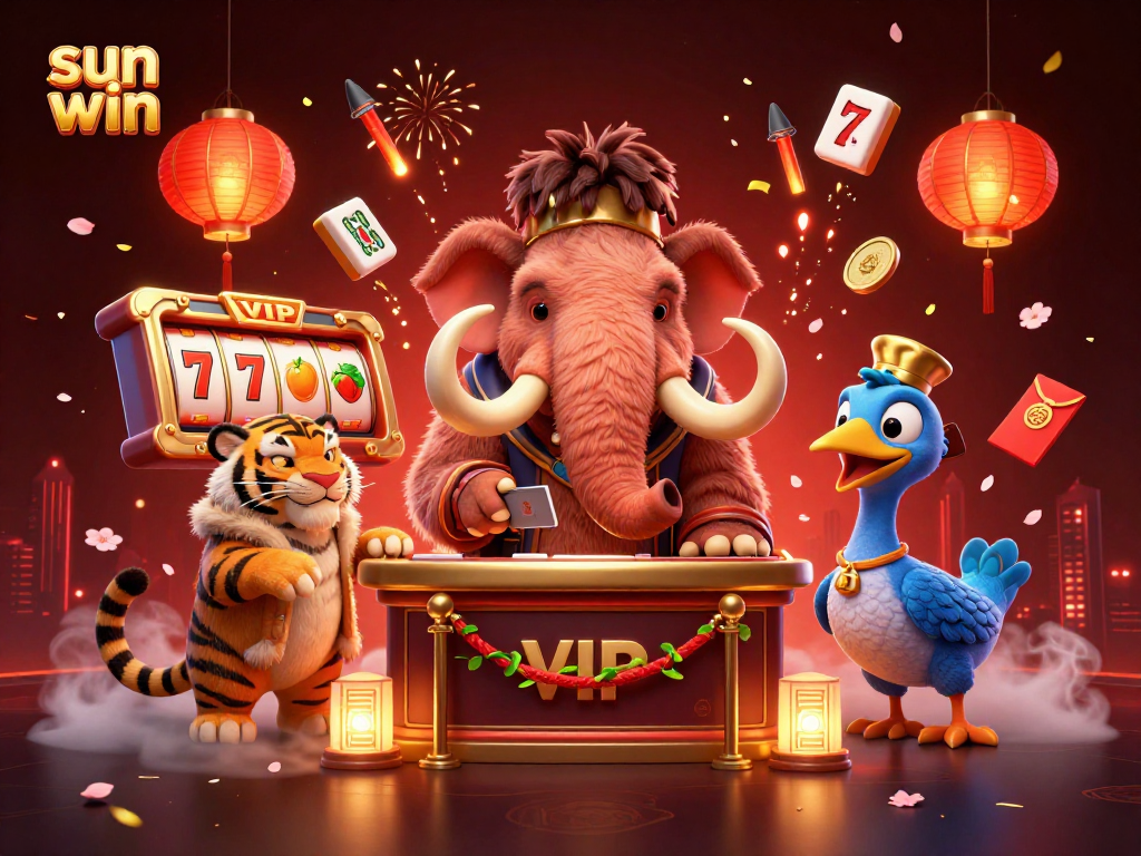 Experience game excitement as the sun win logo shines above a lively casino scene with dynamic characters.