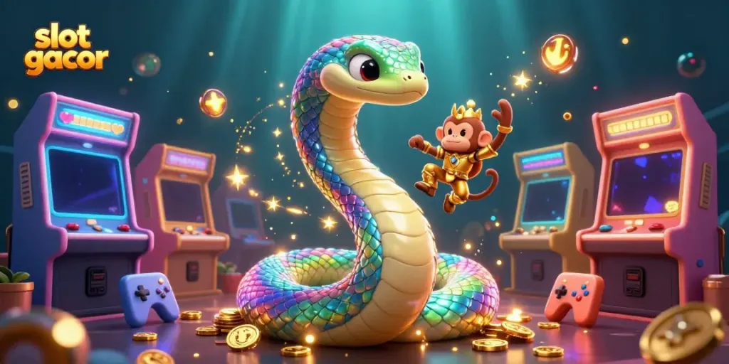 Experience the vibrant excitement of slot gacor with a dynamic illustration featuring a rainbow serpent and monkey king.
