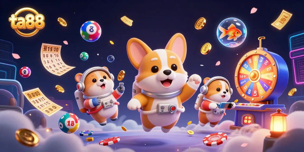 ta88 brings excitement in a vibrant casino scene with a floating corgi and dynamic gaming elements