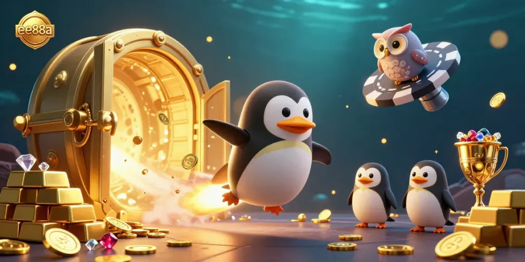 Engage in thrilling gaming adventures with ee88a, represented by a dynamic golden penguin and treasure in this vivid 3D illustration.