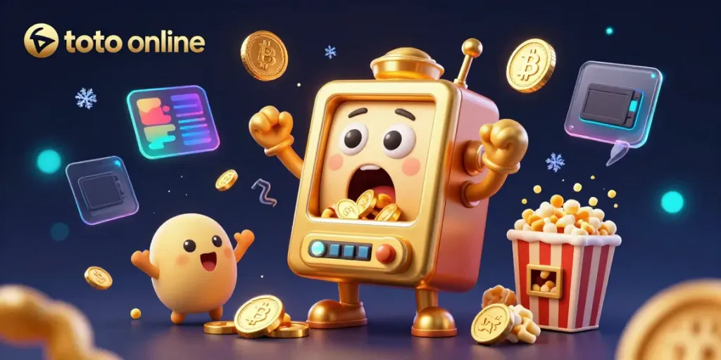 Experience the thrill of toto online with a lively jackpot scene showcasing a golden slot machine in action.