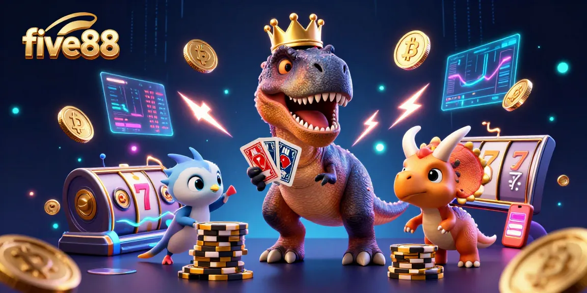 Engage in thrilling gameplay with five88's vibrant 3D illustration featuring card-shuffling dinosaurs!