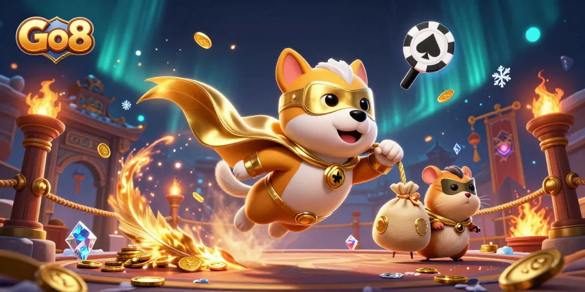 Go8 features a superhero dog and hamster in a vibrant casino-themed adventure scene.