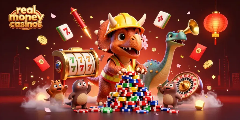 Delight in the excitement of real money casinos with dynamic characters celebrating wins in a dazzling 3D illustration.