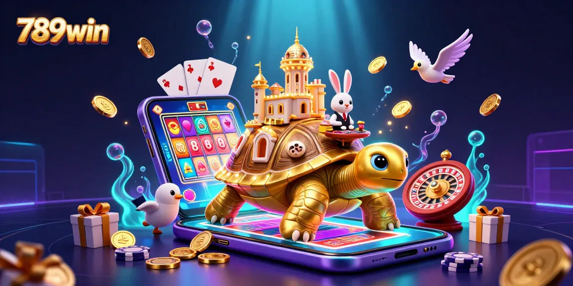 Experience thrilling gaming with 789win, featuring vibrant casino elements and a golden tortoise.
