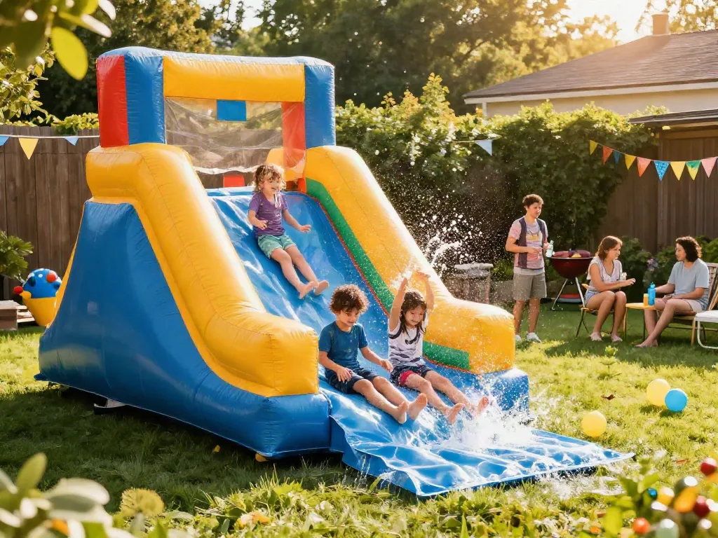 Children enjoying a colourful water slide in a sunny garden setting, capturing summer fun.
