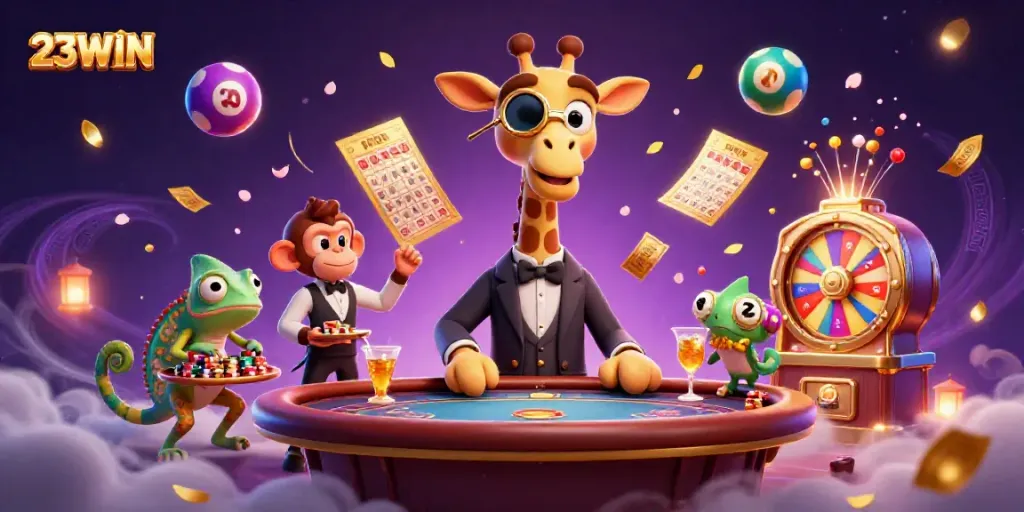 Experience excitement with 23WIN as a high-roller giraffe enjoys a VIP poker table.