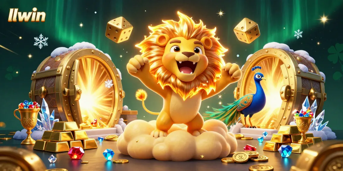 Play big at llwin's casino, featuring a roaring sun lion with golden dice and dazzling gems.