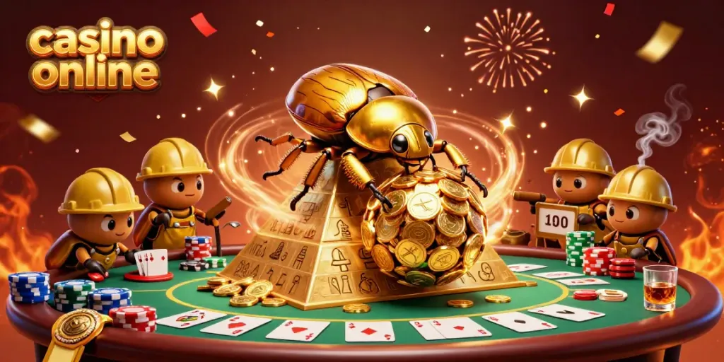 Engage with casino online gaming through a playful illustration of golden beetles amidst casino elements.