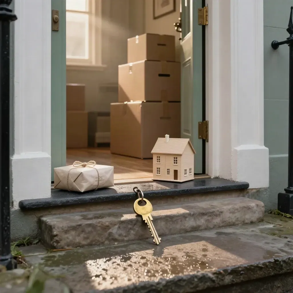 Brass keys, a parcel and moving boxes at a rain-wet UK townhouse threshold.