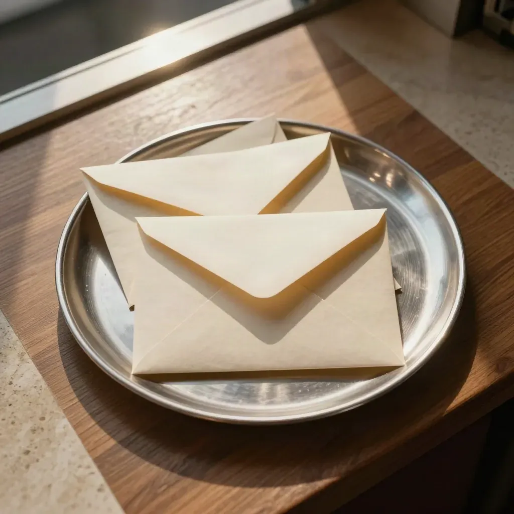 Overhead silver tray with four sealed envelopes on warm walnut, symbolizing debt consolidation.