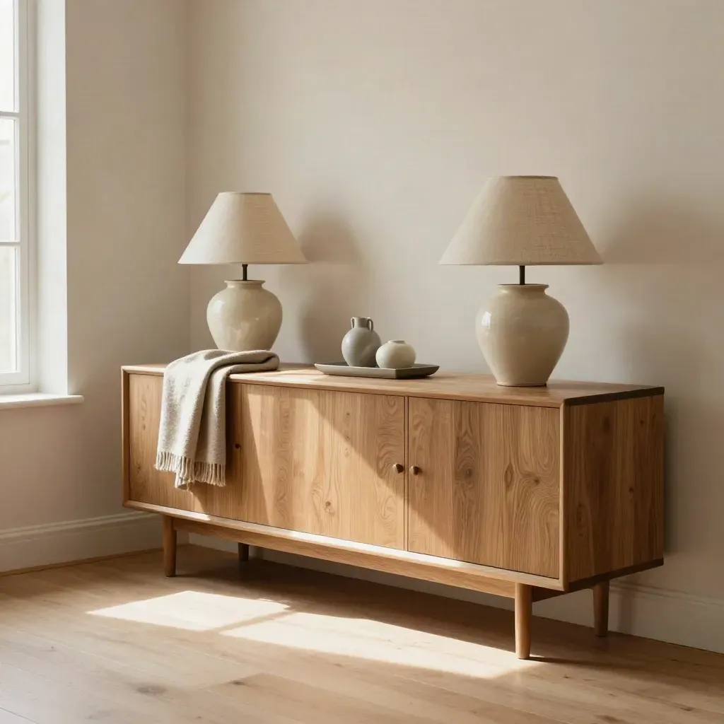 Oak sideboard, ceramic lamp and wool throw in a sunlit renovated living room corner