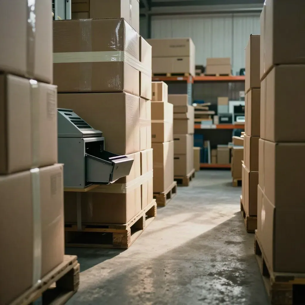Low-angle stockroom with cartons and a cash drawer, lit by a dramatic white beam.