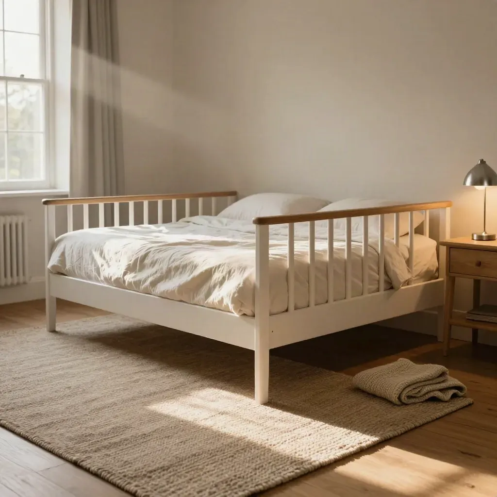 Cozy finished family bedroom with cot, woven rug, oak floor and glowing lamp