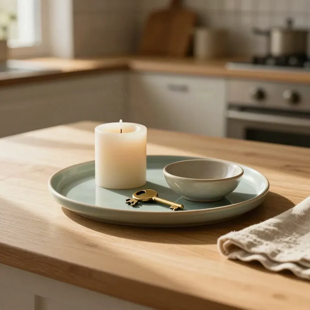 Kitchen tray with candle and key bowl in warm window light.