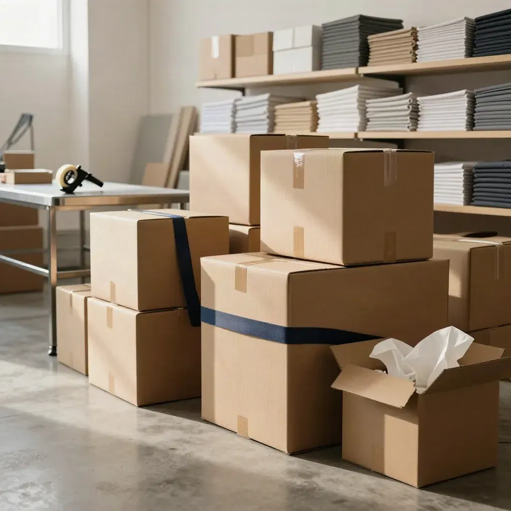Low-floor view of a stockroom with fresh cartons, wrapped shelves and a packing bench in bright daylight