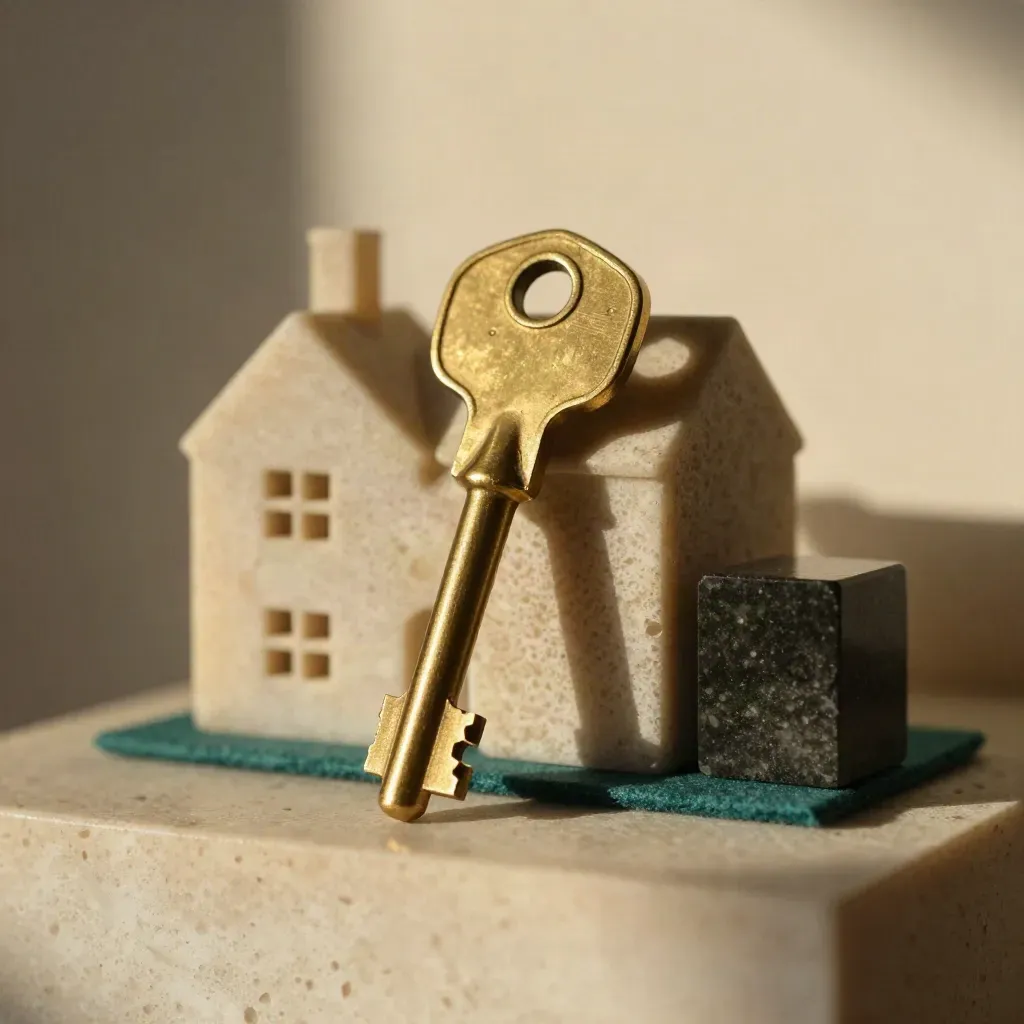 Brass house key beside a limestone model house and dark stone paperweight on travertine.