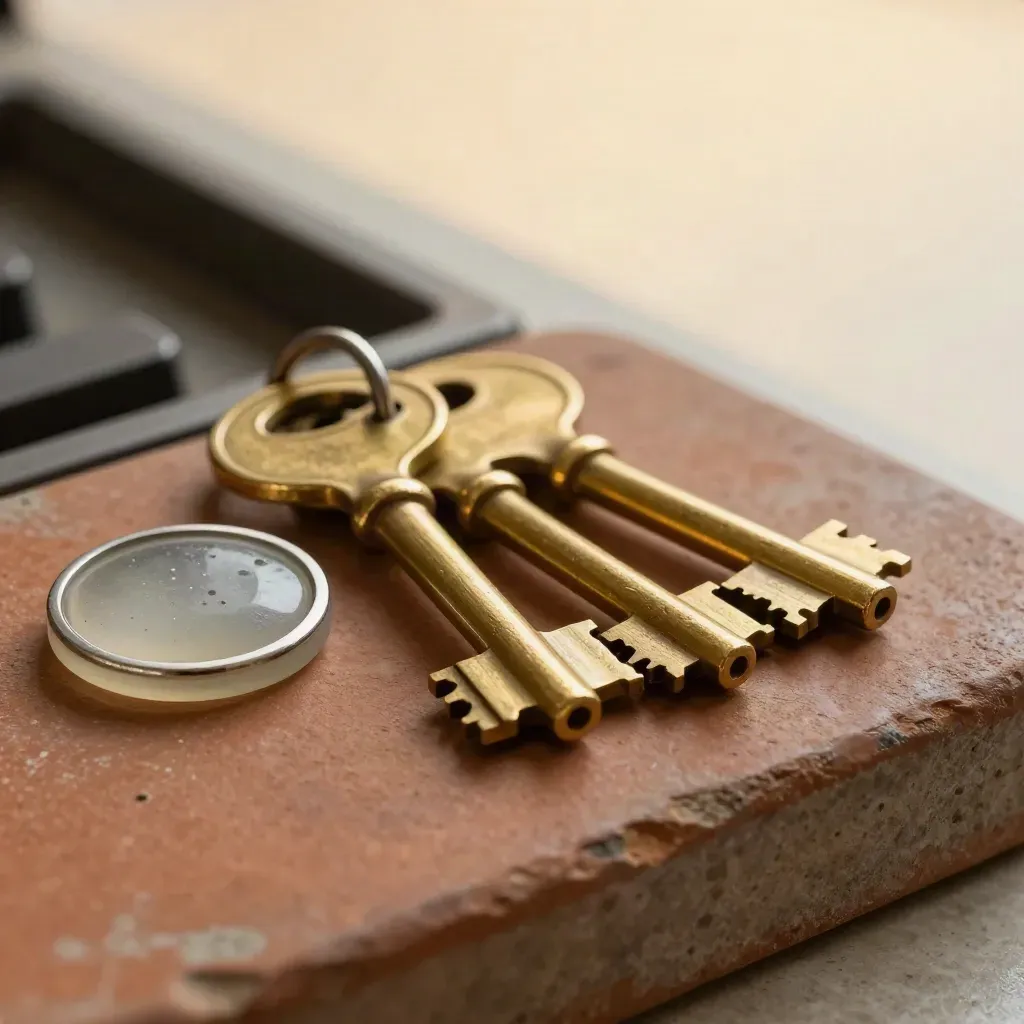 Brass key blanks, frosted glass token and stone ring lit in a warm macro lending still life.