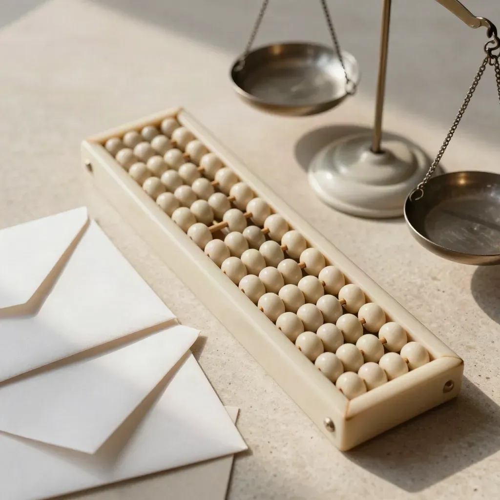 Macro of an abacus, three envelopes and a balance scale on stone with soft light.