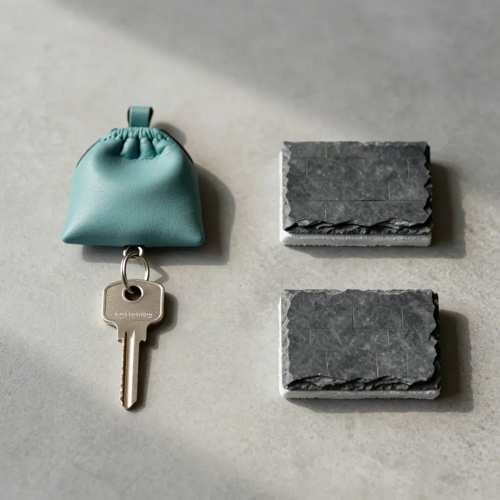 Overhead flatlay of a house key, coin pouch and slate roof tile on concrete with soft teal accent.