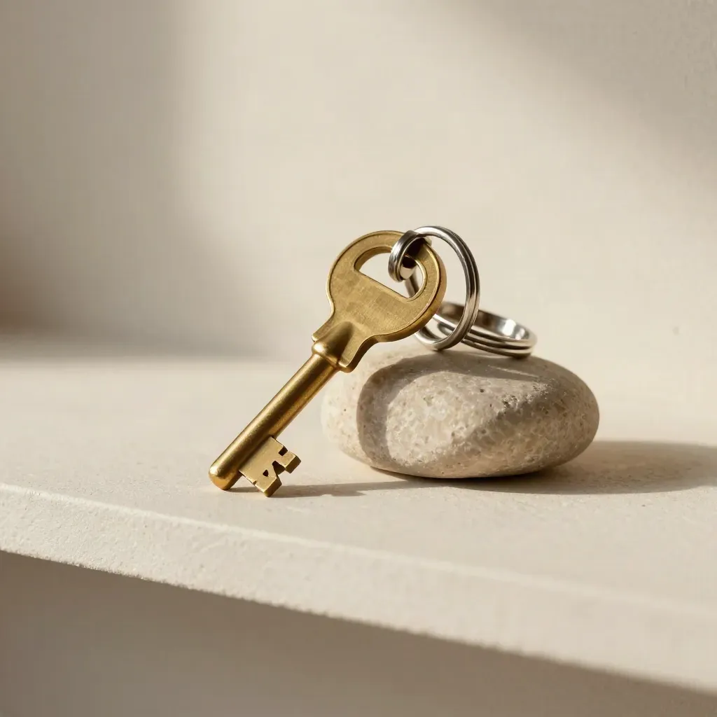 Brass key threaded through two silver rings beside a balance stone on a pale plaster shelf.