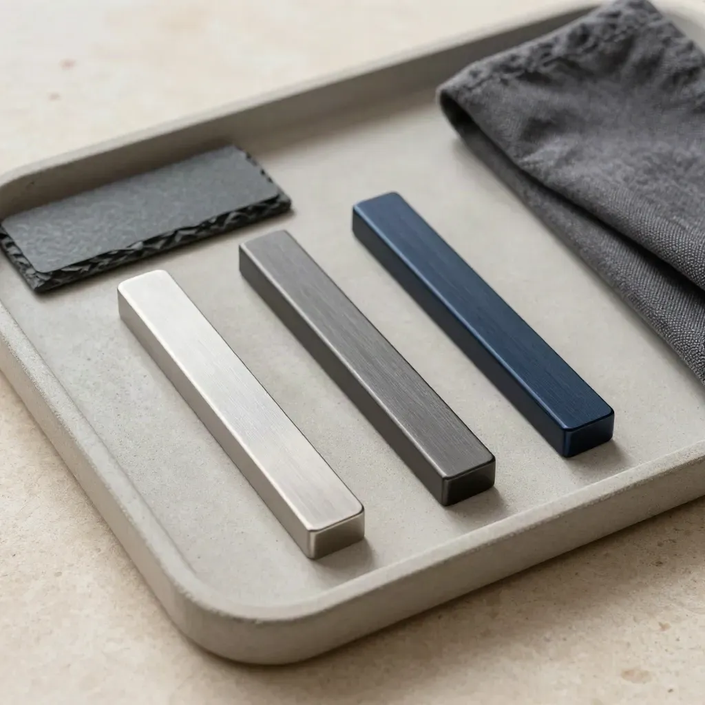 Three finished metal sample bars on a stone tray with a folded cloth