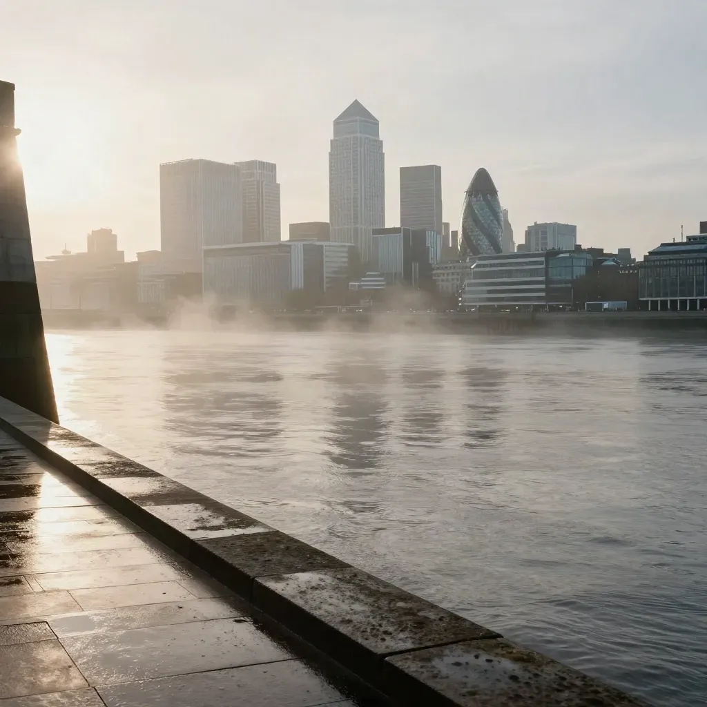 Canary Wharf rises through river mist above the Thames and wet stone embankments at dawn.