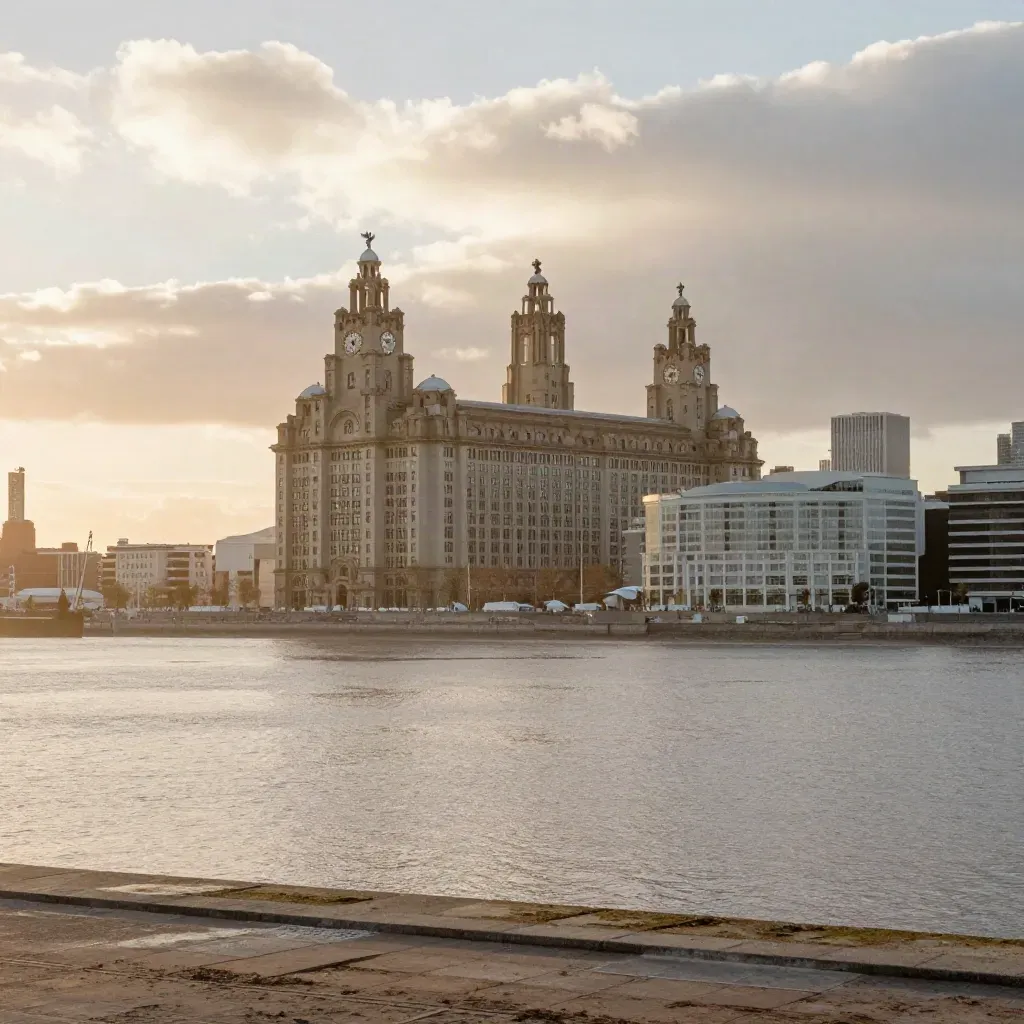 Liverpool waterfront with the Three Graces above calm Mersey haze at golden hour