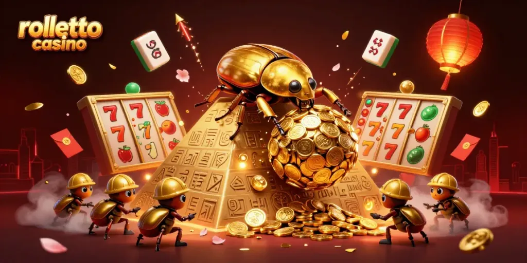 Experience the excitement of rolletto casino with a golden dung beetle rolling coins amid vibrant gaming symbols.
