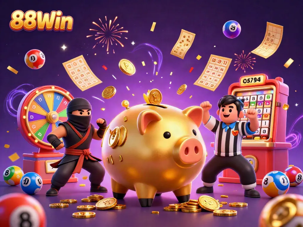 Experience the excitement of 88Win with a dynamic scene featuring a golden piggy bank sumo wrestler and vibrant lottery elements.