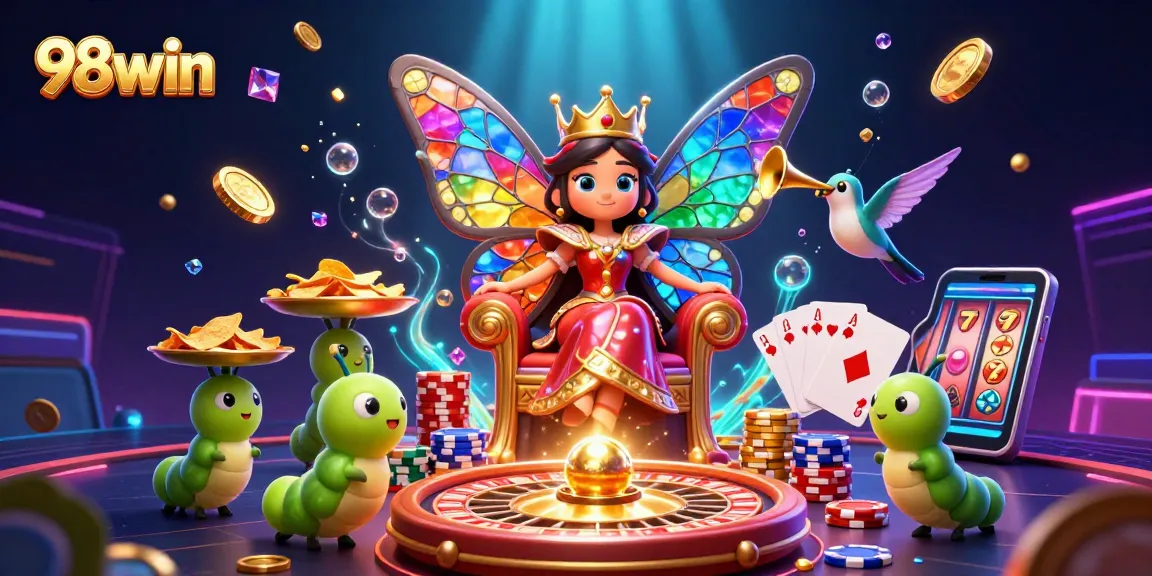 Engage in thrilling gameplay with 98win's vibrant casino atmosphere featuring dazzling characters and rich game elements.
