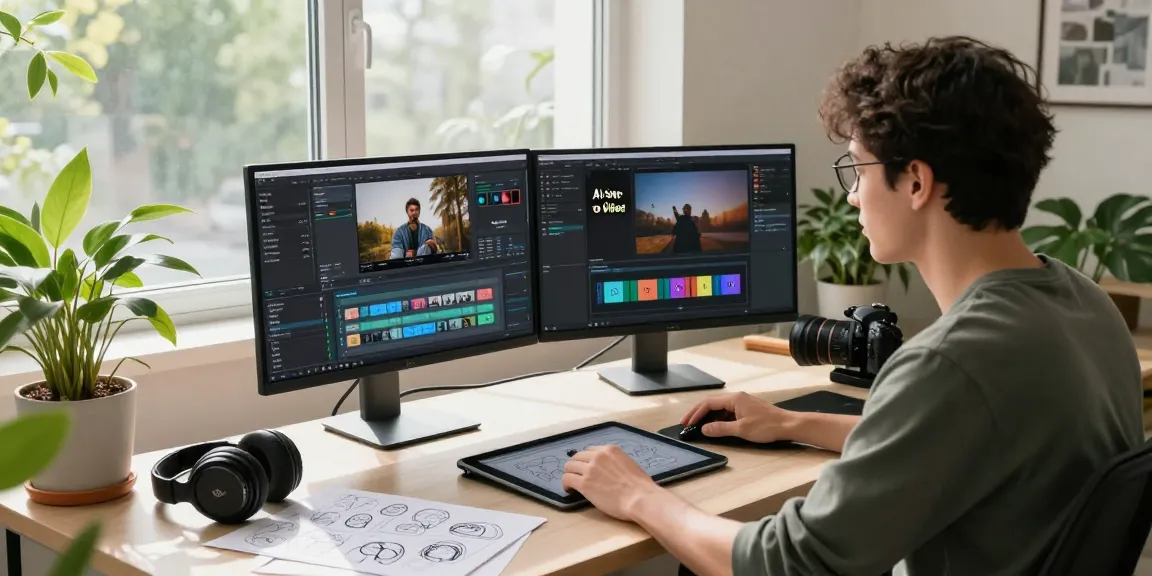 Creative professional using an AI video generator in a modern tech workspace, with dual screens and inspiring decor.