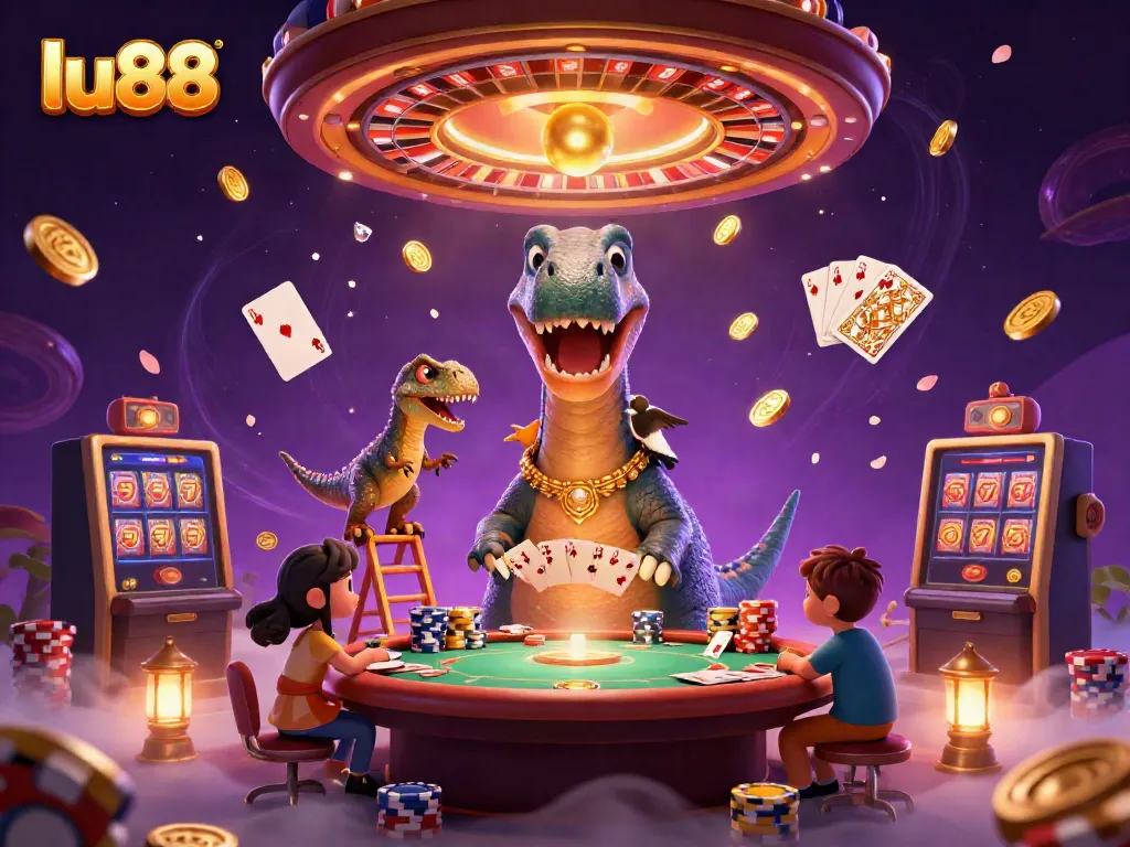 Experience excitement at Lu88 with a vibrant casino scene featuring playful characters and engaging games.