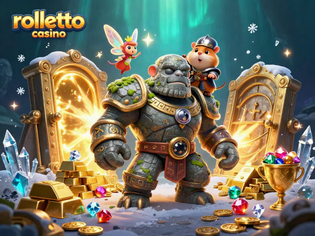 Experience the magic of rolletto casino with a dynamic 3D scene featuring a golem and magical companions.
