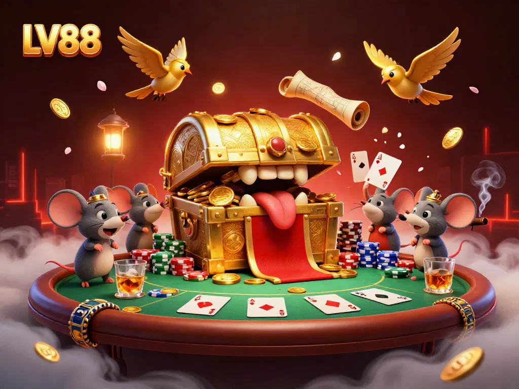 Engage with LV88's thrilling poker scene featuring dynamic illustrations of treasure and riches.