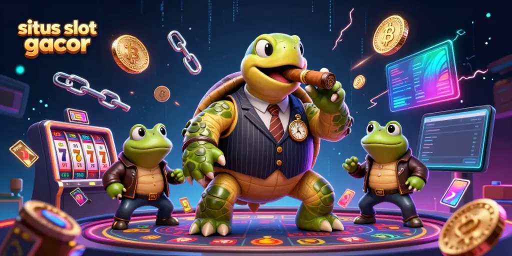 Engage with the lively scene of a snapping turtle and bullfrog enforcers promoting situs slot gacor on a vibrant casino floor.