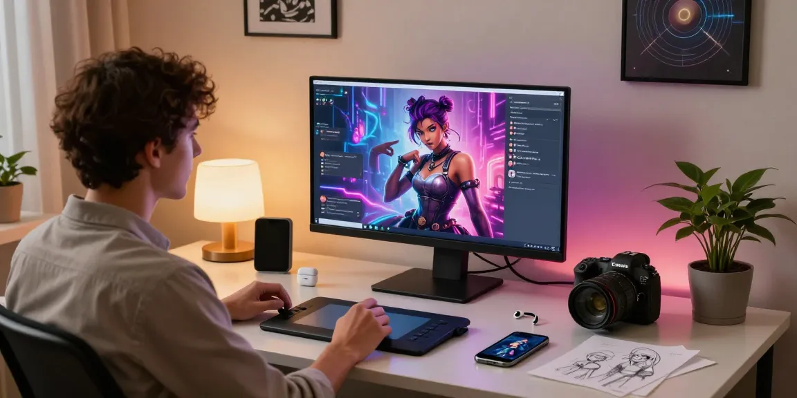 Engaging NSFW AI chat interaction showcasing a user in a cozy digital workspace, surrounded by tech elements and vibrant character designs.