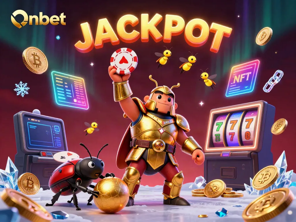 Onbet's glorious 3D cartoon scene celebrates gaming triumph with a beetle in armor lifting a poker chip surrounded by cash.