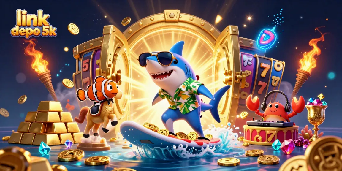 Experience excitement with link depo 5k, featuring vibrant 3D characters, slot elements, and treasure!