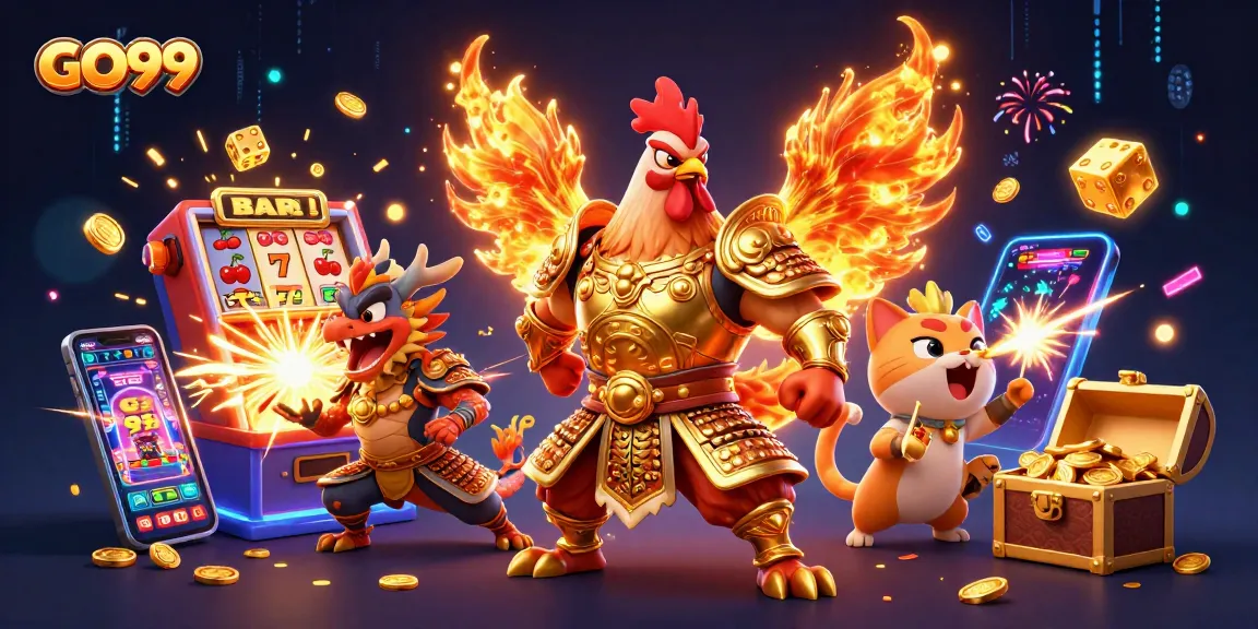 Experience GO99 excitement with fierce characters and exciting casino elements in a vibrant 3D illustration.