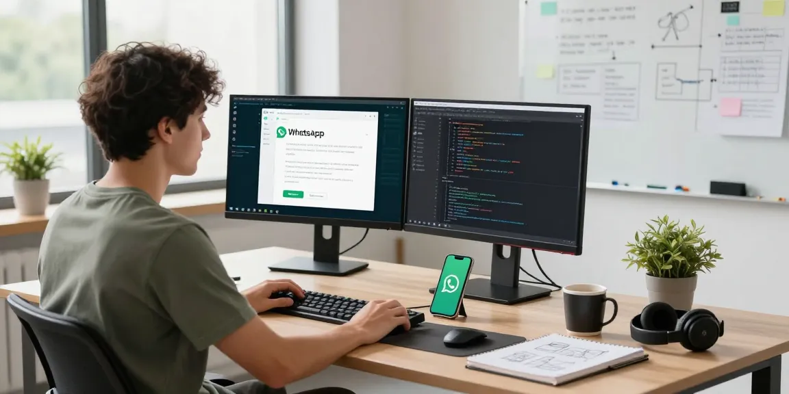 WhatsApp下載 in a modern tech workspace, developer coding with dual monitors and WhatsApp interface.
